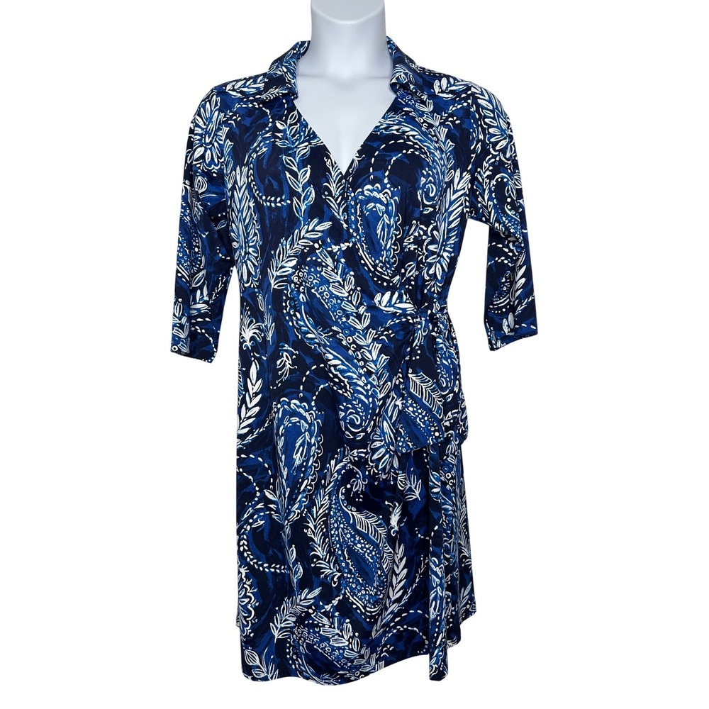 Talbots Effortless Jersey Kelly Dress 1X Petite Blue Paisley Faux Wrap